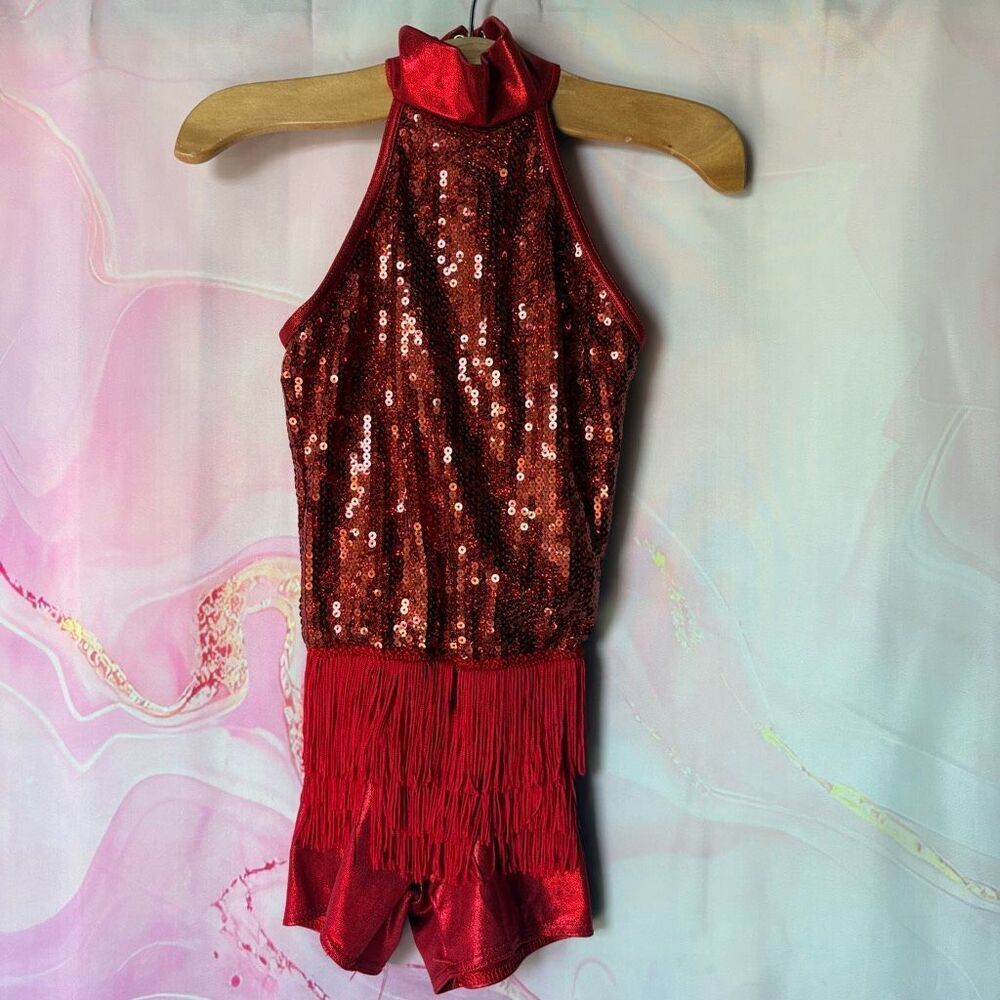 Weissman 9034 SC Red Fringe Sequin Romper Jazz Tap Acro Twirler Dance Costume